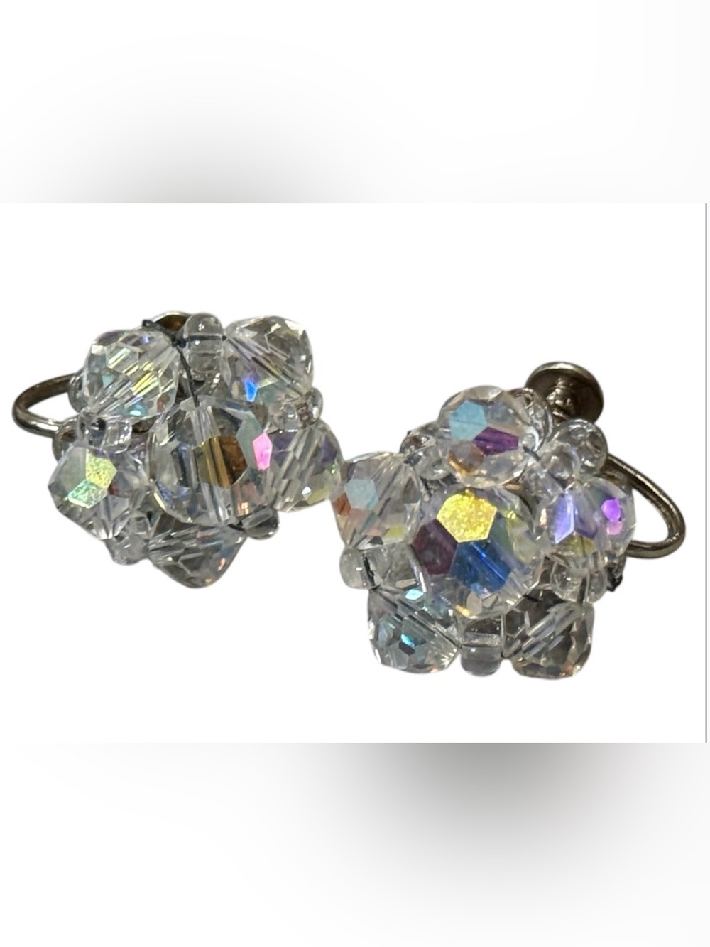 Vintage clear aurora borealis crystal cluster screw back earrings